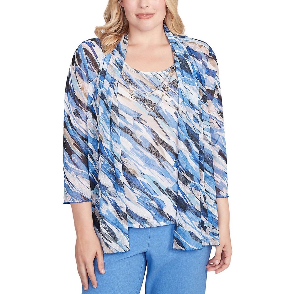 Alfred Dunner Blue Abstract‎ Layered Top Cardigan Set Coastal Grandma Womens S